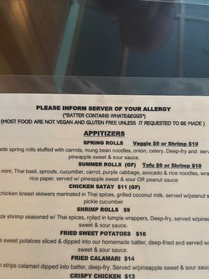 “Most foods are not vegan… unless requested" at New Chiang Mai in Hilo