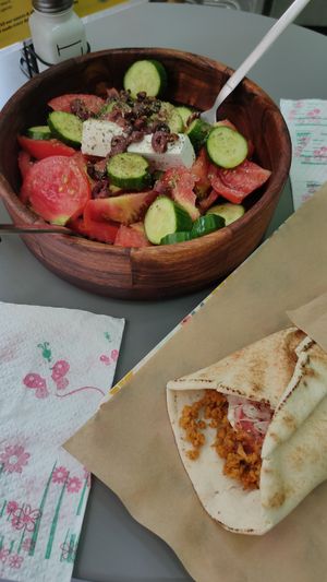 Greek salad and lahmajun at Vegan Stories by Konstantinos in Athens