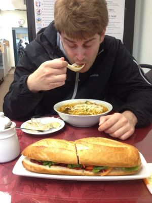 Pho & the foot long sandwich on crispy baguette (BBQ Gluten) at Petit Marche Vege in Montreal