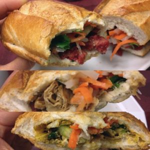 BBQ Gluten (top), Bean Curd (middle), Tofu Curry (bottom)
All with carrots, cilantro, cucumber, and vegenaise at Petit Marche Vege in Montreal