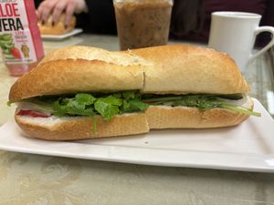 Spicy banh mi with vege bbq  at Petit Marche Vege in Montreal