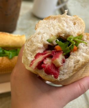 Spicy banh mi with vege bbq   at Petit Marche Vege in Montreal