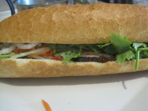 Banh mi with BBQ gluten meat. at Petit Marche Vege in Montreal