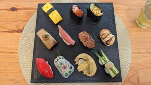 Full platter, not shown is miso soup (also good) at VEGGIE SUSHI JAPAN - ヴィーガン寿司専門店 in Tokyo