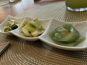 Starters: zucchini, cabbage and konyaku   at VEGGIE SUSHI JAPAN - ヴィーガン寿司専門店 in Tokyo