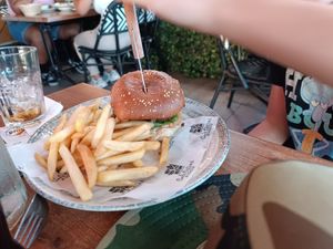 Beyond burger with fries at Cafe Optimi in Eilat