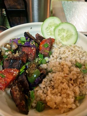 stir fryed saitan with brown rice at The Old Vegan Central in Kathmandu