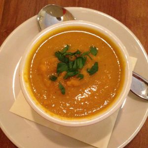 Curried coconut carrot soup at Food Evolution in Ridgefield