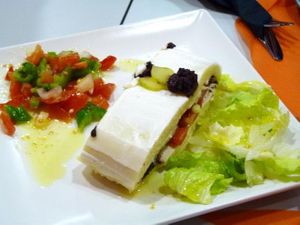 Potato 'barrica' with tofu, black olive spread and avocado at El Plato Reberde in Zaragoza