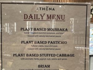 Daily menu featuring vegan and vegetarian Greek dishes  at Athena Gourmet Market in New York