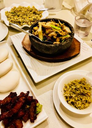Porkless bums, spicy chilli mushrooms, fried rice and greens  at Green Veggie - Sheung Wan in Hong Kong Island