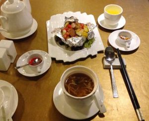 veggie pork and soup, plus you get unlimited tea at Green Veggie - Sheung Wan in Hong Kong Island