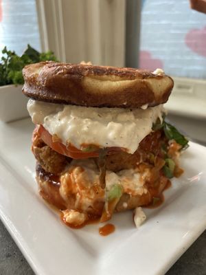 Buffalo bleu cheese chickn sandwich (delicious) at The Vegetable Hunter Cafe and Boutique Brewery in Harrisburg