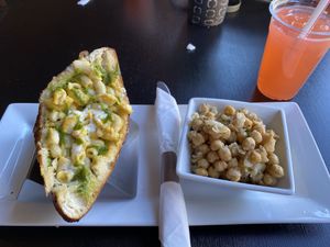 Pesto Mac ‘n cheese pita with chick pea salad - Yummm!! at The Vegetable Hunter Cafe and Boutique Brewery in Harrisburg
