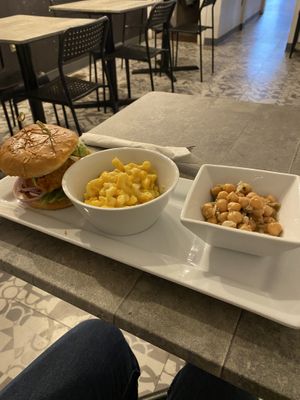 Buffalo bacon ranch chicken sandwich, Mac and cheese (extra $) and chickpea salad (included with sandwich)   at The Vegetable Hunter Cafe and Boutique Brewery in Harrisburg