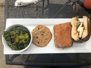 Tofu Bahn Mi, side of kale salad and oatmeal raisin cookie at The Vegetable Hunter Cafe and Boutique Brewery in Harrisburg