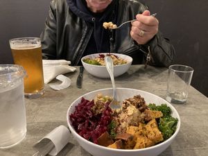 I’d like to eat this again!  Beer brewed in house. Power bowl with grated beets, chickpeas, kale, quinoa and hummus.   Took a chance cause it was near the interstate. Glad we did at The Vegetable Hunter Cafe and Boutique Brewery in Harrisburg