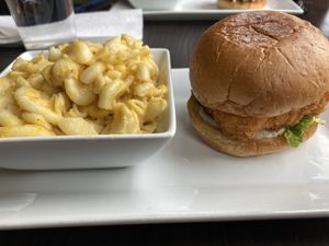 Bacon and Ranch Chickn sandwich with Mac and Cheese side  at The Vegetable Hunter Cafe and Boutique Brewery in Harrisburg
