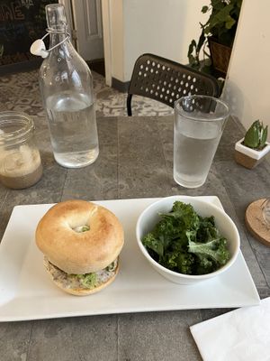 Sunflower Sausage Bagel w/ Kale Salad  at The Vegetable Hunter Cafe and Boutique Brewery in Harrisburg