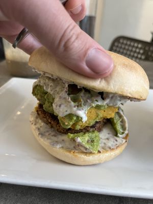 Sunflower Sausage bagel close-up  at The Vegetable Hunter Cafe and Boutique Brewery in Harrisburg