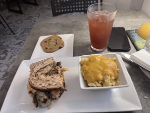 Eggplant Reuben with Mac and plant cheese  at The Vegetable Hunter Cafe and Boutique Brewery in Harrisburg