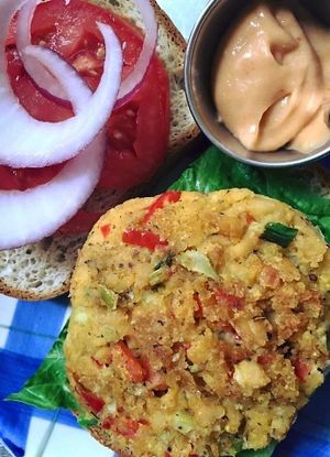 Vegan "Crab" Cake Sandwich.  at The Vegetable Hunter Cafe and Boutique Brewery in Harrisburg
