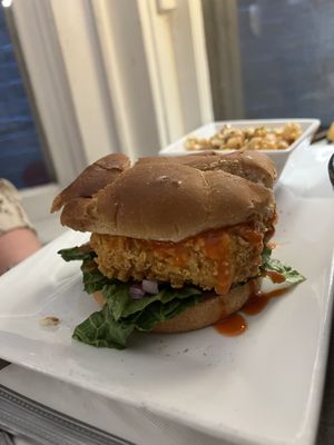 Buffalo chick’n sandwich and chick pea saladd  at The Vegetable Hunter Cafe and Boutique Brewery in Harrisburg