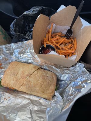 Bahn-Mi and sweet tater string fries  at The Vegetable Hunter Cafe and Boutique Brewery in Harrisburg