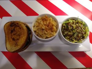 Eggplant rueben, vegan mac and cheese and brussel sprouts salad at The Vegetable Hunter Cafe and Boutique Brewery in Harrisburg