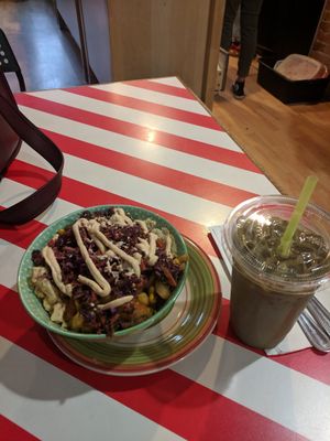 Taco bowl and matcha latte at The Vegetable Hunter Cafe and Boutique Brewery in Harrisburg