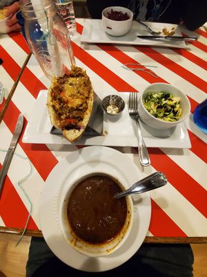 Crabcake sandwich, brussel sprout salad and spicy mushroom soup at The Vegetable Hunter Cafe and Boutique Brewery in Harrisburg