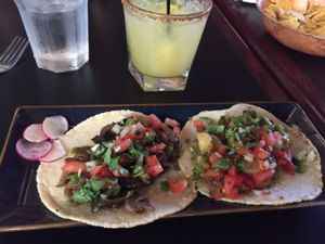 potato & green chili taco, mushroom taco. pineapple jalapeño margarita  at El Borracho - Pike Place Market in Seattle