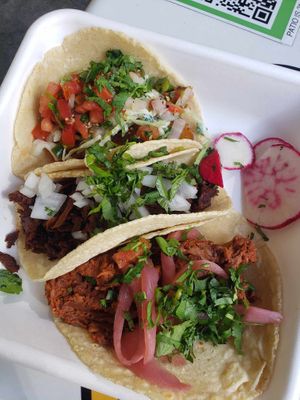 Shrimp, seitan, jackfruit tacos at El Borracho - Pike Place Market in Seattle