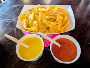 Chips with Salsa and Queso (served as part of Plant Based in Pike Place vegan food tour) at El Borracho - Pike Place Market in Seattle