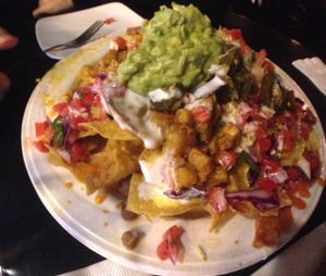 Vegan Nachos with Soyrizo con papas added for $3.29 extra at El Borracho - Pike Place Market in Seattle