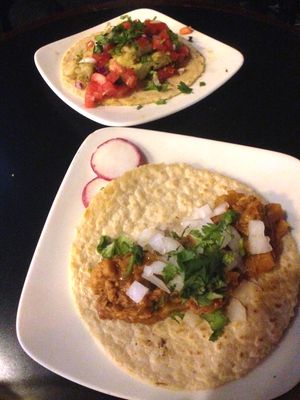 Taco de Papas y Poblano and Taco de Soyrizo con Papas at El Borracho - Pike Place Market in Seattle