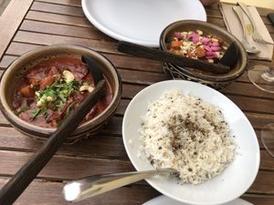 vegetable massaman curry with burmese tofu / beetroot & mushroom kurma at Moksha in Kaunas