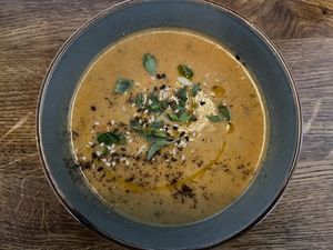 Lentil and veggie soup  at Moksha in Kaunas