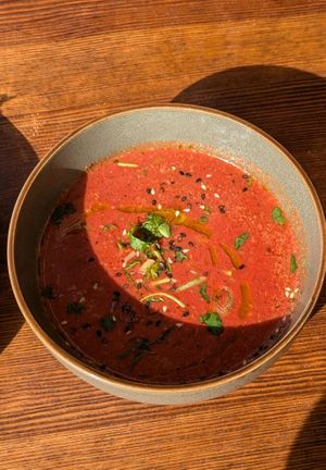 Beetroot mushroom soup Yummy! at Moksha in Kaunas