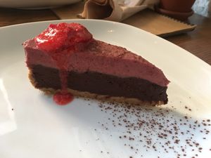 Chocolate and strawberry vegan cake  at Moksha in Kaunas