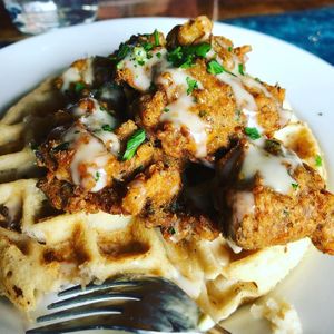 Savory waffle with oyster mushrooms - brunch  at Sanctuary Bistro in Charlotte
