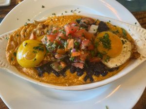 Black bean chilaquiles. So amazing! Complete with sunny side up tofu eggs! Actually dreaming of this at Sanctuary Bistro in Charlotte