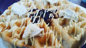 Waffle with cheese and shitake mushroom bacon.  at Sanctuary Bistro in Charlotte