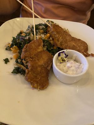 Spicy cumin and sesame lions mane skewer  at Sanctuary Bistro in Charlotte