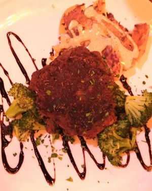 Black bean steak with smashed potatoes and broccoli #Veganuary at Sanctuary Bistro in Charlotte
