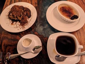 Creme brulee and tiramisu, with excellent coffee and oat milk at Sanctuary Bistro in Charlotte