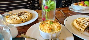 Broccoli and 'bacon' souffle, shiitake waffle at Sanctuary Bistro in Charlotte