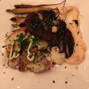 smashed potato and portobello with partially cooked carrots  at Sanctuary Bistro in Charlotte