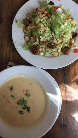 macadamia miso salad/ corn chowder  at Sanctuary Bistro in Charlotte