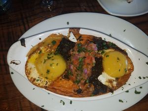 Black Bean chilaquiles with "eggs" at Sanctuary Bistro in Charlotte